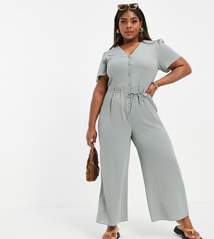 Asos Design Curve Bubble Crepe Short Sleeve Tea Culotte Jumpsuit In Sage-green