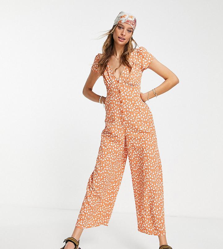 Asos Design Tall Bubble Crepe Cap Sleeve Tea Button Front Jumpsuit In Orange Floral