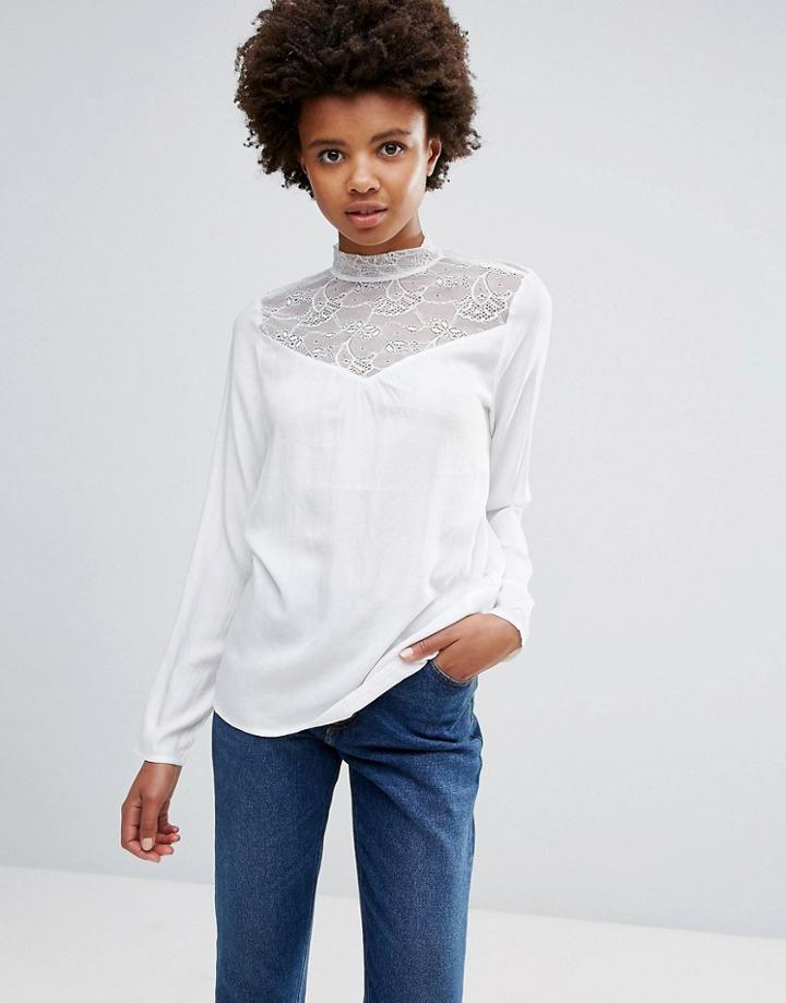 Ichi High Neck Top With Lace Yoke - White