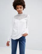 Ichi High Neck Top With Lace Yoke - White