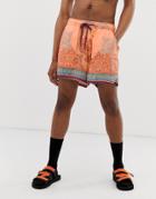 Asos Design Two-piece Slim Shorter Shorts In Orange With Border Print