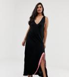 Asos Design Curve Jersey Beach Maxi Cover Up With Side Split & Neon Tape Trim - Black