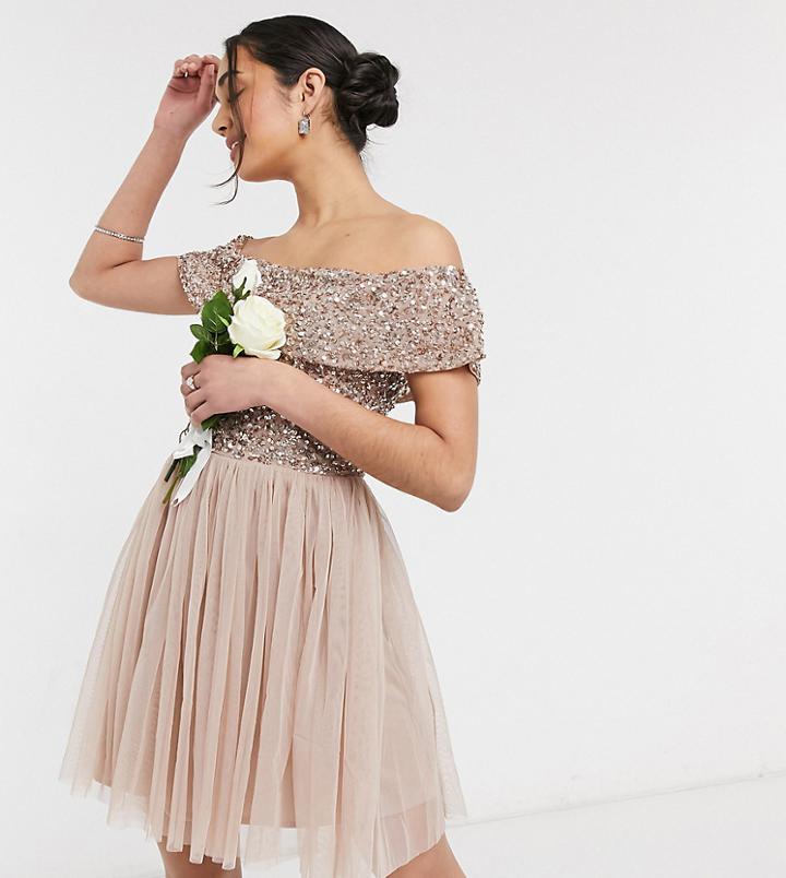 Maya Bridesmaid Bardot Mini Tulle Dress With Tonal Delicate Sequin In Taupe Blush-pink