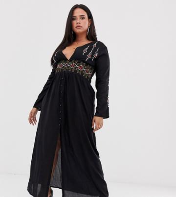 Boohoo Plus Exclusive Embroidered Maxi Dress In Black - Black