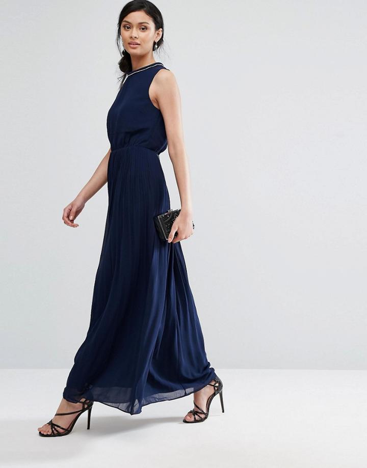 Oasis High Neck Embellished Maxi Dress - Navy