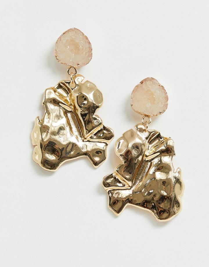 Asos Design Stud Earrings With Stone And Folded Metal Drop In Gold - Gold