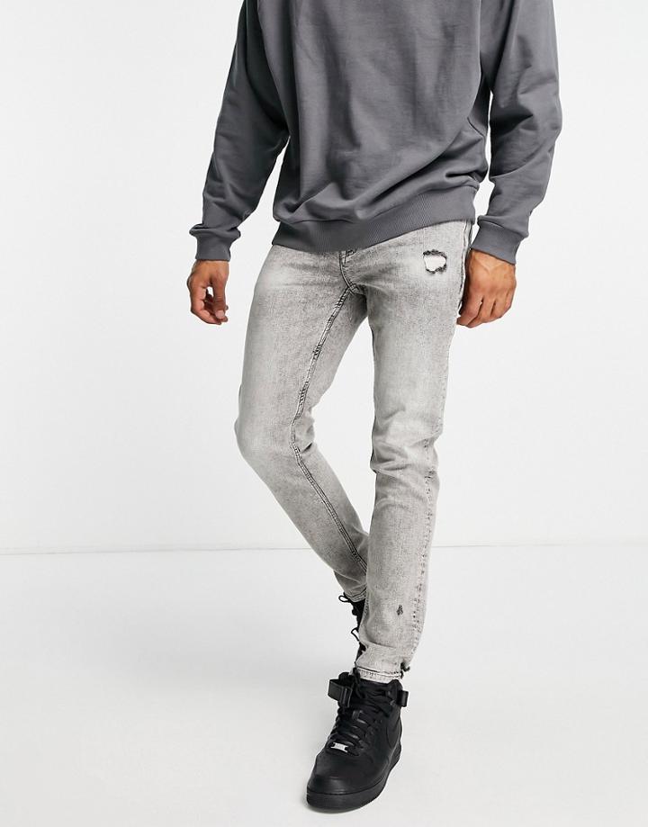 Asos Dark Future Skinny Jeans In Washed Gray With Abrasions And Destroyed Hem-grey