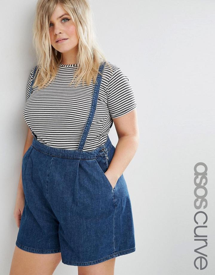 Asos Curve Denim Shorts With Detachable Suspenders - Blue