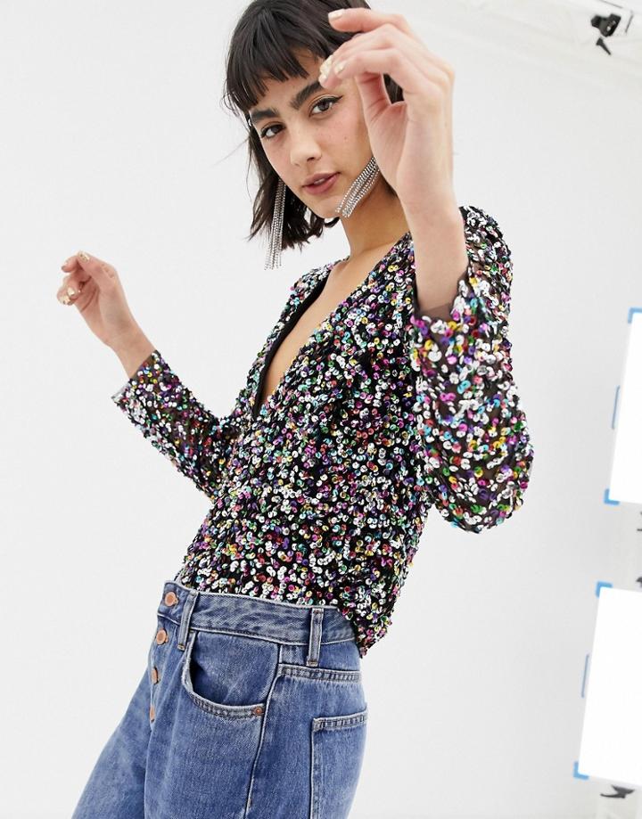 Mango Long Sleeve Sequin Top In Rainbow - Multi