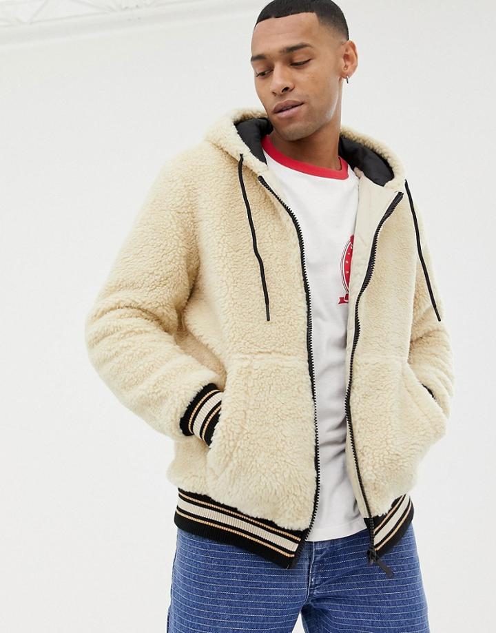 Bershka Hooded Fleece Bomber Jacket In Sand - Beige