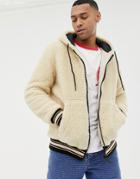 Bershka Hooded Fleece Bomber Jacket In Sand - Beige