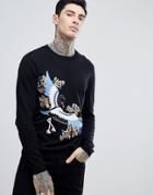 Asos Design Sweater With Embroidered Phoenix In Black - Black