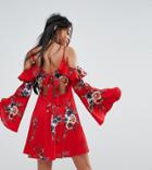 Sisters Of The Tribe Petite Cold Shoulder Long Sleeve Dress In Delicate Floral Print - Red