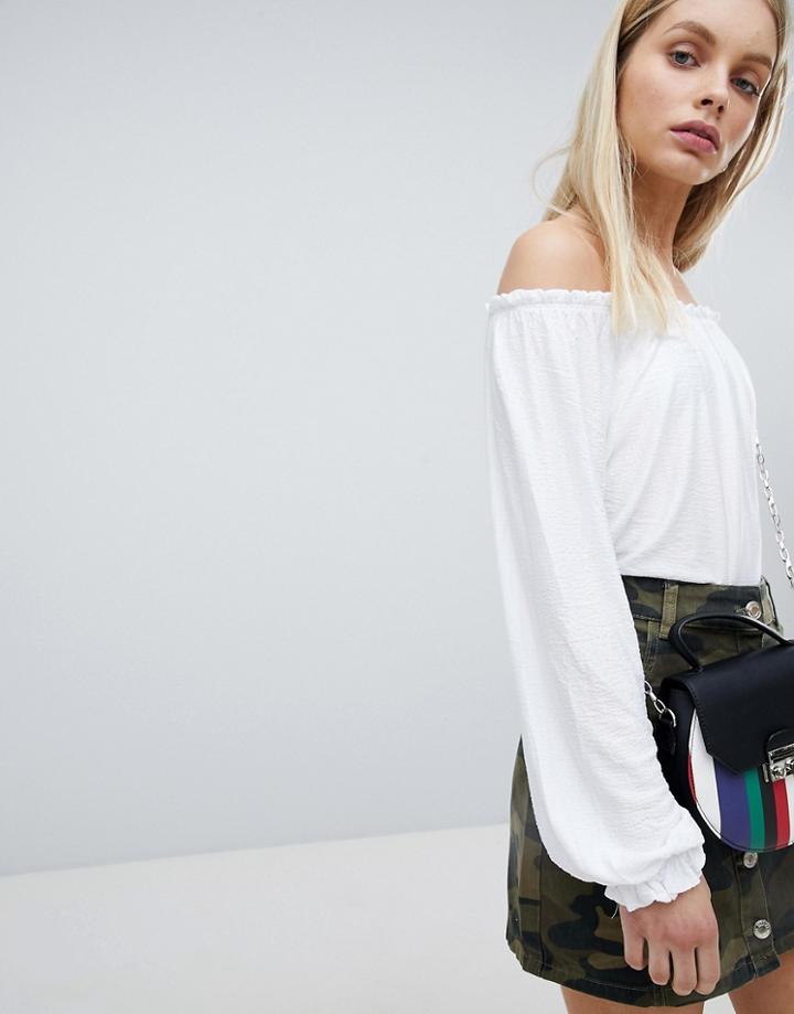 Bershka Frill Edge Bardot Top In White - White