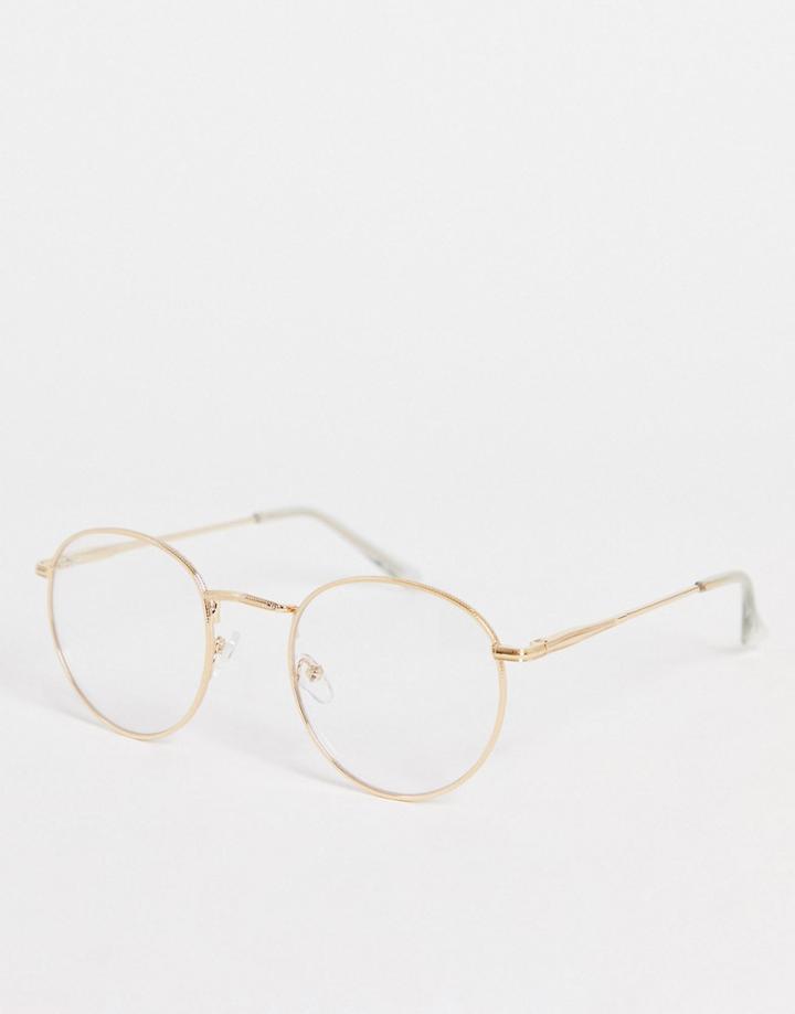 Asos Design Round Fashion Glasses In Gold Recycled Metal With Clear Lenses