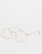 Asos Design Round Fashion Glasses In Gold Recycled Metal With Clear Lenses