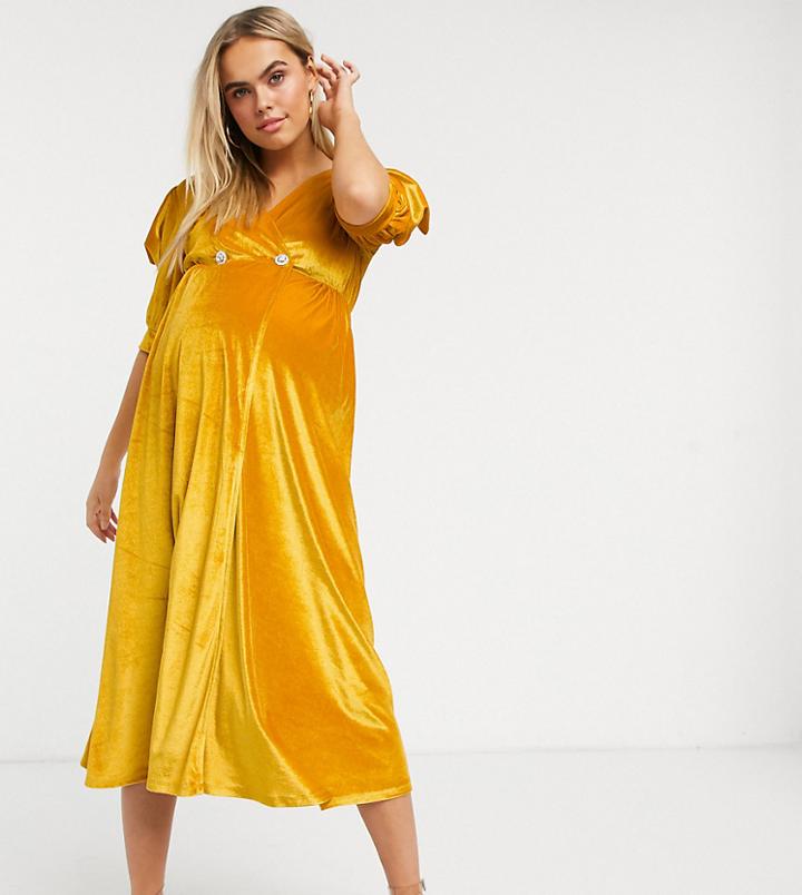 Asos Design Maternity Velvet Midi Dress With Puff Sleeve And Rhinestone Button In Ochre-yellow