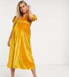 Asos Design Maternity Velvet Midi Dress With Puff Sleeve And Rhinestone Button In Ochre-yellow