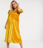 Asos Design Maternity Velvet Midi Dress With Puff Sleeve And Rhinestone Button In Ochre-yellow