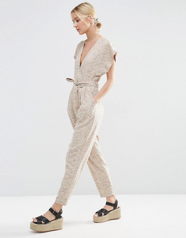 Asos Belted Jumpsuit With Kimono Wrap In Woven Check - Cream