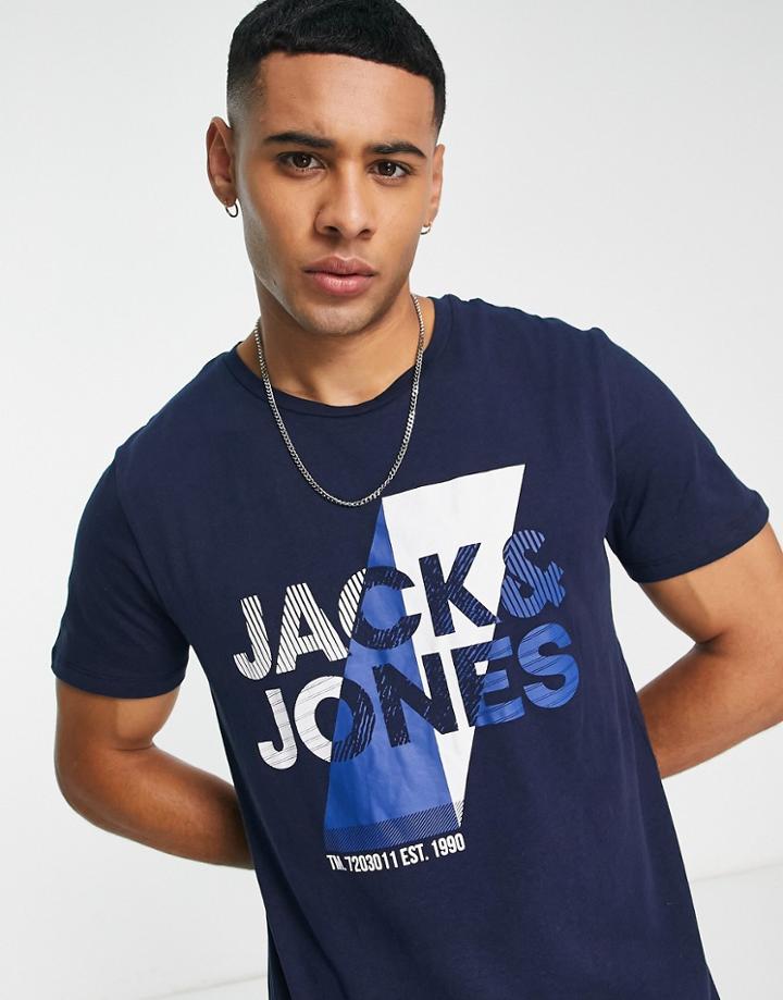 Jack & Jones Logo Print Crew Neck T-shirt In Navy