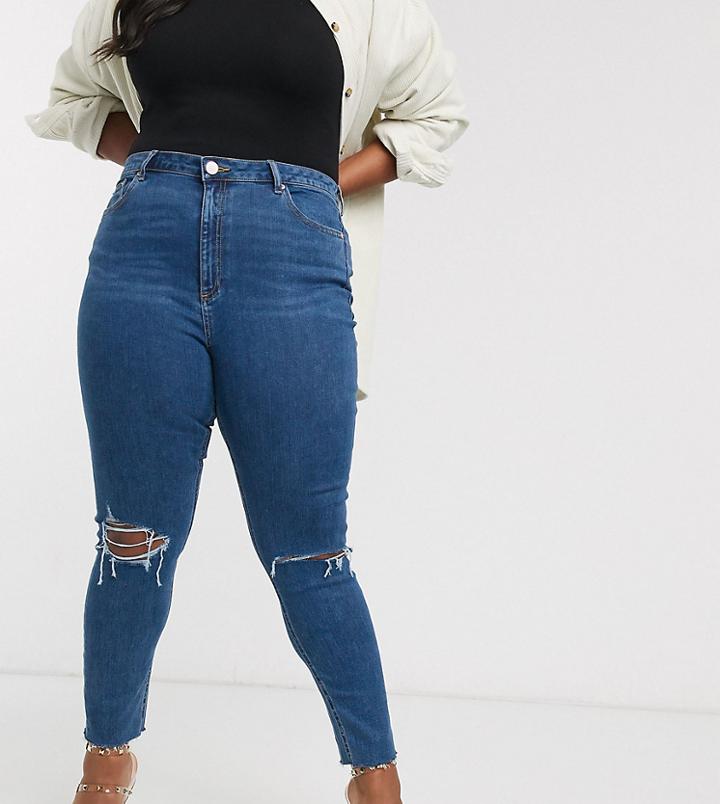 Asos Design Curve High Rise Ridley 'skinny' Jeans In Bright Midwash Blue With Rips And Raw Hem-blues