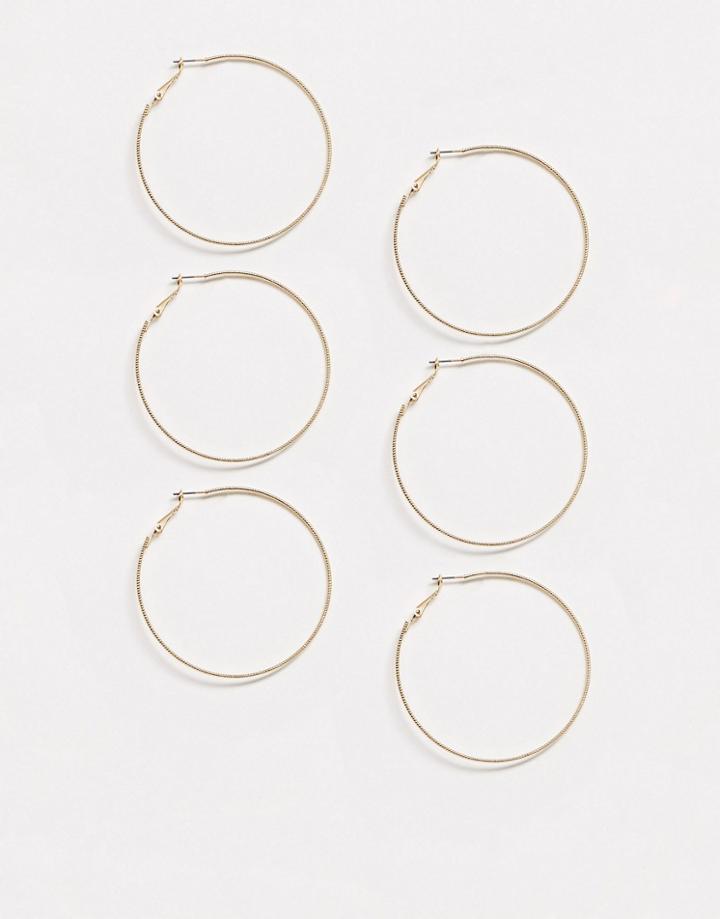 Asos Design Pack Of 3 Fine Hoop Earrings In Faceted Shimmer Texture In Gold Tone
