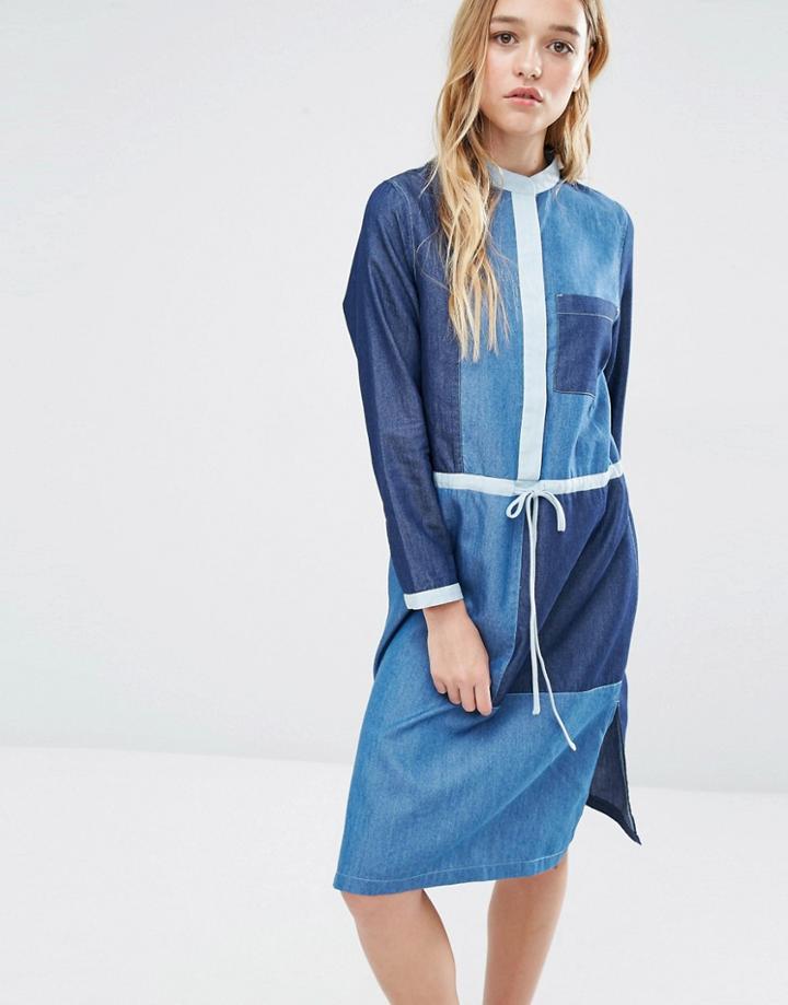 Neon Rose Shirt Dress In Patchwork Denim - Denim