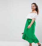 Asos Design Curve Cotton Midi Skirt With Tie Belt And Ruffle Hem - Green