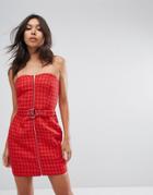 Prettylittlething Houndstooth Zip Front Bandeau Dress - Red