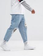 Asos Skater Jeans In Vintage Light Wash Blue With Busted Knee Rips - Blue