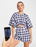 Asos Design Puff Sleeve Cut Out Romper In Gingham Print-multi