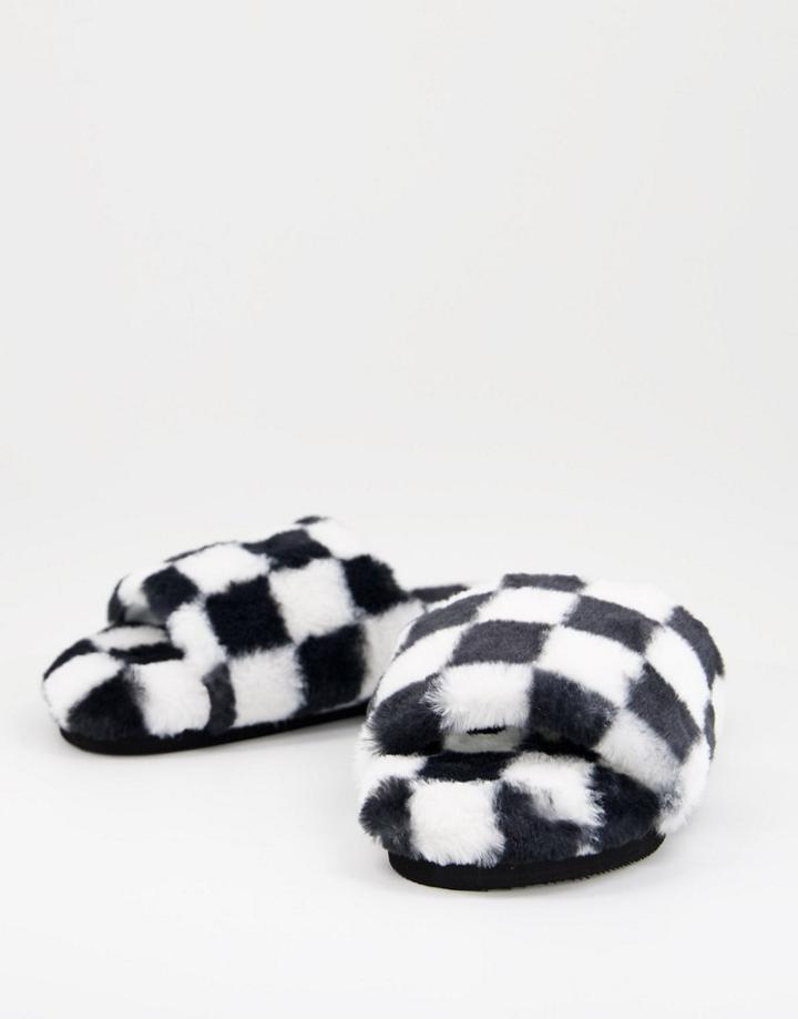 Monki Vegan Checkerboard Print Slippers In White-multi