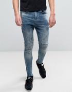Religion Drop Crotch Skinny Jeans With Biker Knee Detail And Zip Ankle In Opium Wash Blue - Blue