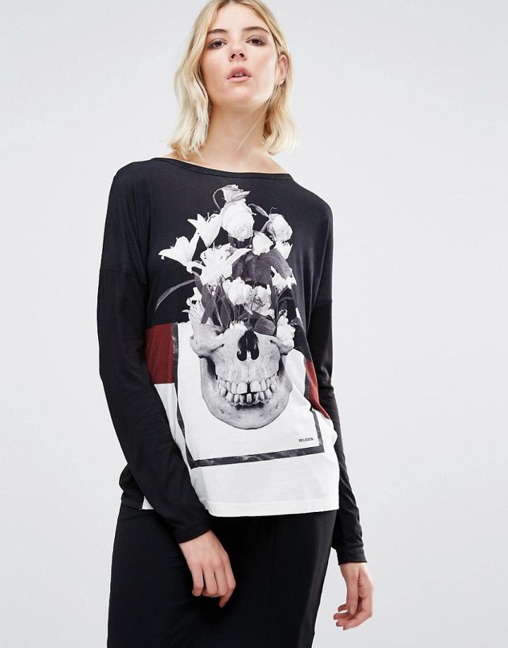 Religion Skull Long Sleeve Backless Top - Black