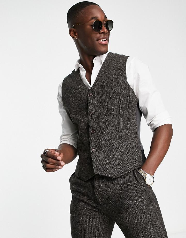 Asos Design Super Skinny Vest In Plaid Wool Mix In Khaki-green