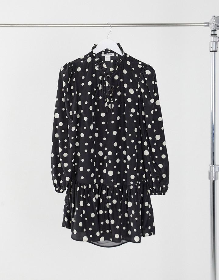 Glamorous Mini Smock Dress With Tie Neck And Peplum Hem In Polkadots-black