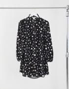 Glamorous Mini Smock Dress With Tie Neck And Peplum Hem In Polkadots-black