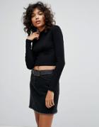 Asos Long Sleeve High Neck Crop Top In Rib - Black
