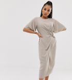 Asos Design Petite Twist Front Midi Dress With Angel Sleeve - Gray