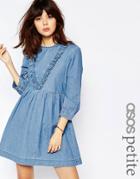 Asos Petite Denim Smock Dress With Ruffle Detail In Mid Blue - Blue