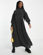 Asos Design High Neck Smock Maxi Dress In Contrast Textured Spot-multi