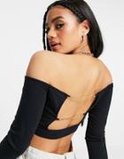 Asos Design Off Shoulder Crop Bardot Top With Chain Back Detail In Black