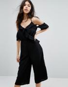 Influence Ruffle Cold Shoulder Culotte Jumpsuit - Navy
