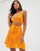 Asos Design Twist Front Slinky Beach Sundress In Orange Pop - Orange