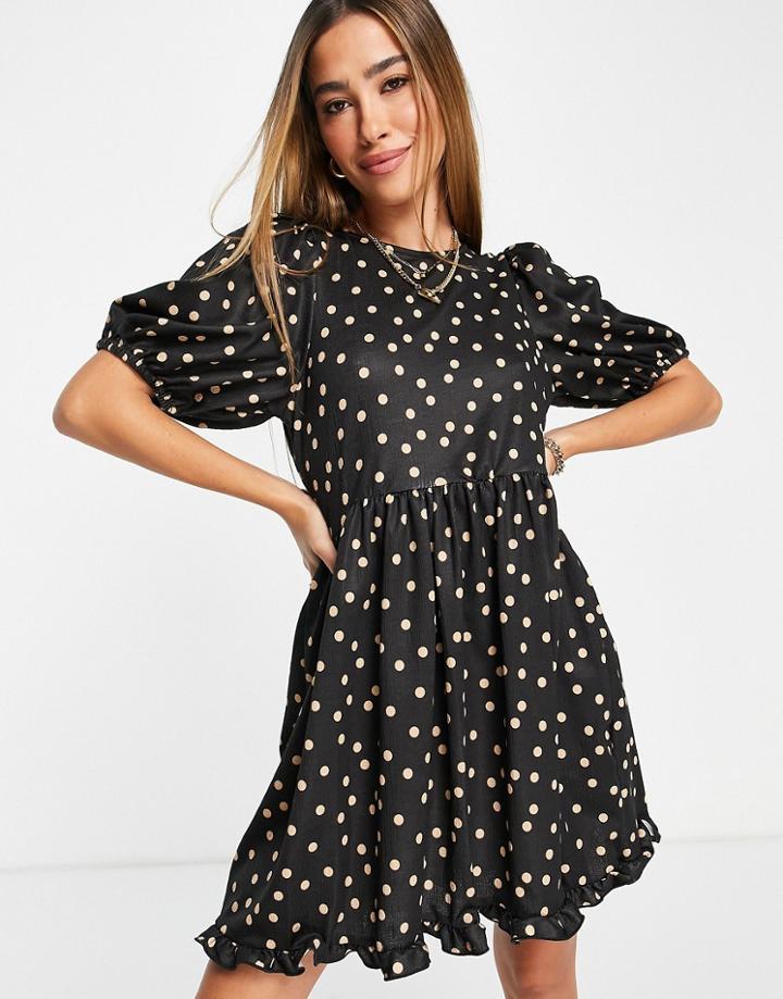 River Island Spotted Frill Smock Mini Dress In Black