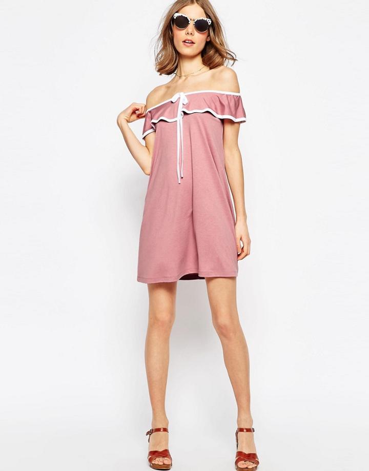 Asos Off Shoulder Sundress With Contrast Bow - Pink