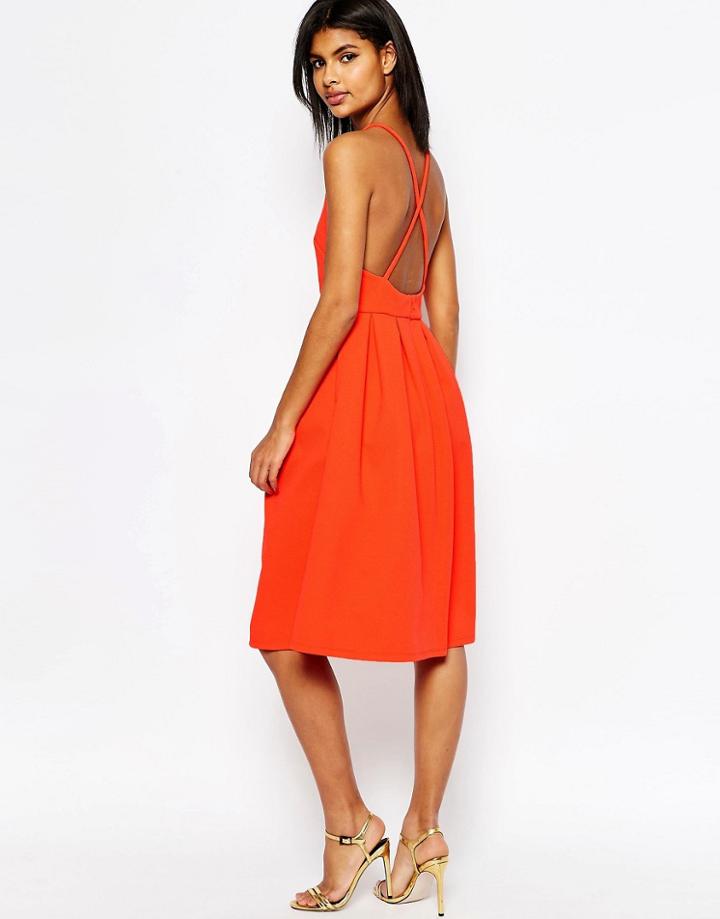 Asos Bonded Mesh Midi Dress With Cross Back - Coral