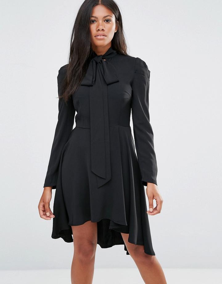 Amy Lynn Long Sleeve Skater Dress With Bow Detail - Black