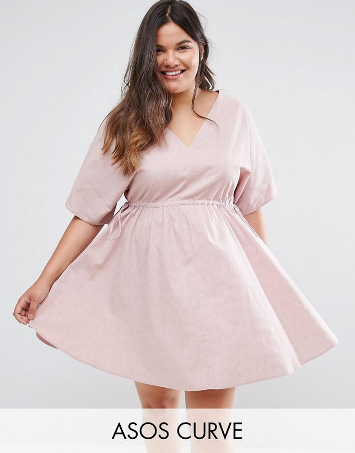 Asos Curve V Front V Back Smock Dress With Ruched Tie Detail - Pink